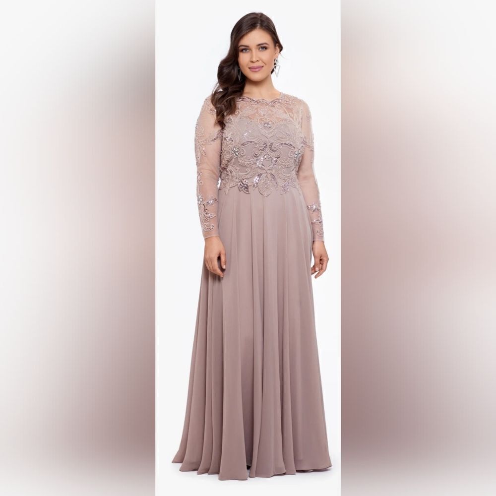 Xscape Evenings 3174 Plus Mason Long Sleeve Beaded Chiffon Gown NWT sz 18 Taupe